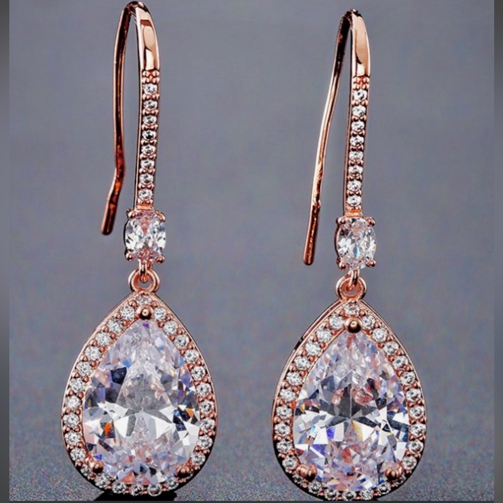 NEW Bridal Rose Gold Teardrop Earrings With Simulated Diamonds Cubic Zirconia